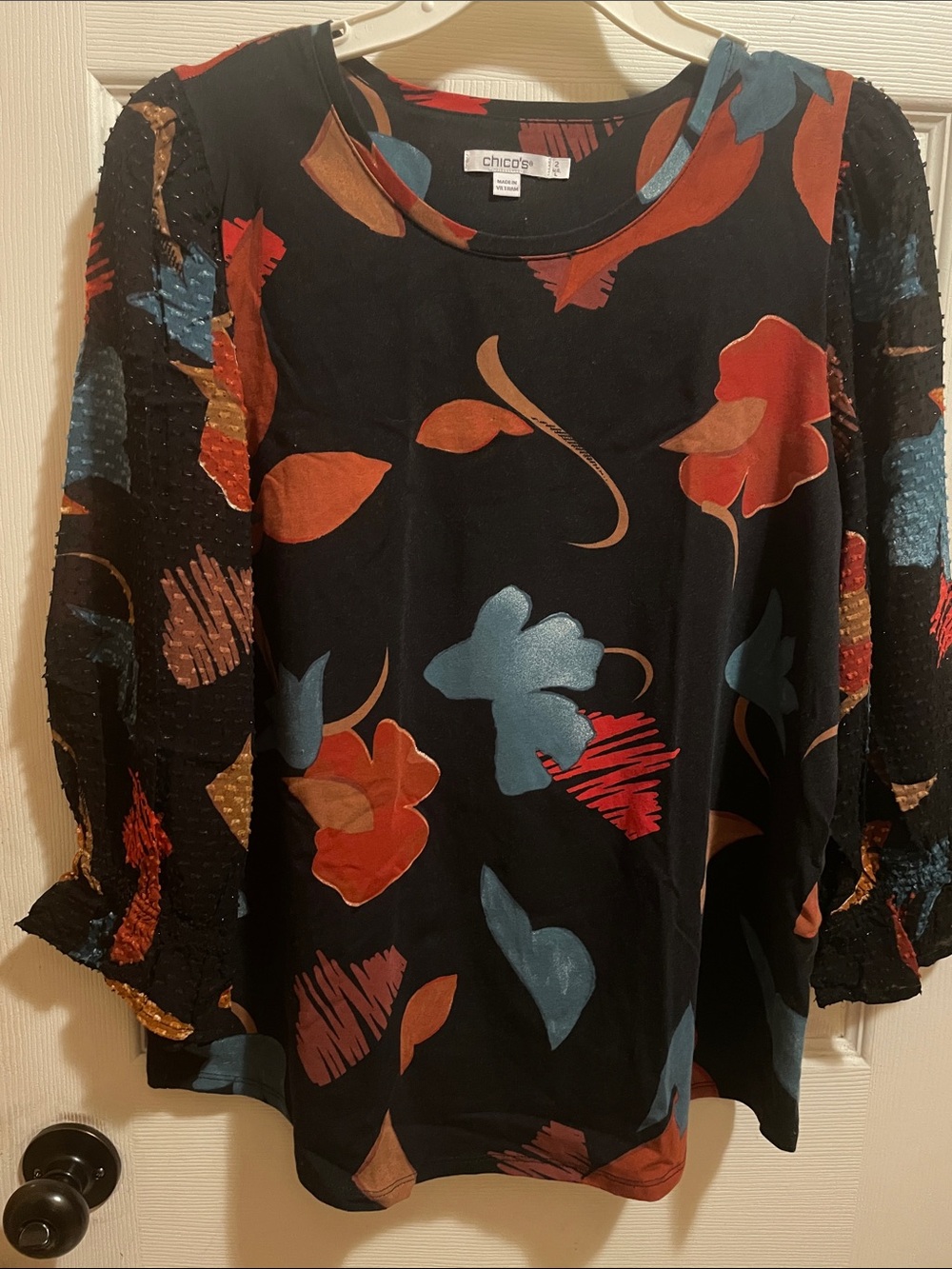 Chico's Black Floral Blouse with Blue and Rust Blooms
